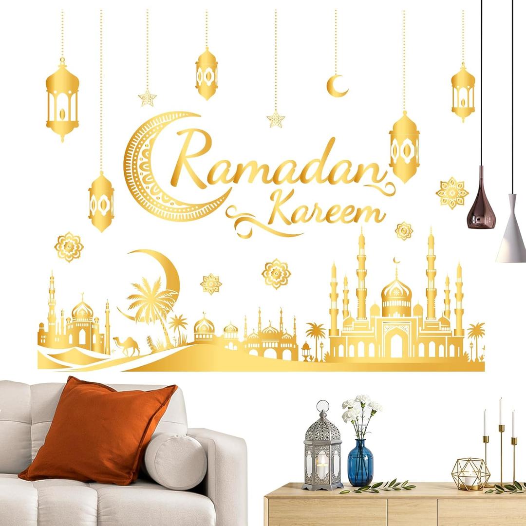 Ramadan Decorations for Home Ramadan Kareem Wall Stickers Islamic Muslim Wall Decals with Lantern Moon Star Designs Eid Mubarak Arabic Party Decor for Living Room Bedroom Window