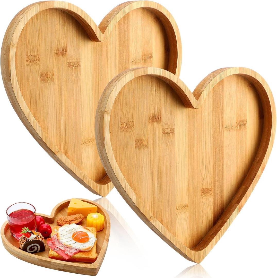 Teling 2 Pcs Heart Shaped Serving Tray Valentine's Day Serving Platter Bamboo Cheese Charcuterie Board Wooden Salad Snack Dessert Candy Dishes Plate for Fruit Wedding Housewarming Present