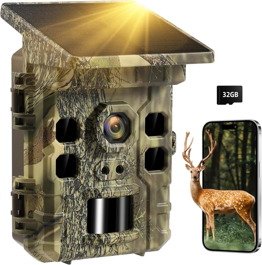 Solar Trail Camera 2.7K 32MP- WiFi Bluetooth Game Camera 130Wide-Angle, Trail Cam with Night Vision Motion Activated 0.2s Trigger Waterproof IP66 Wildlife Cam