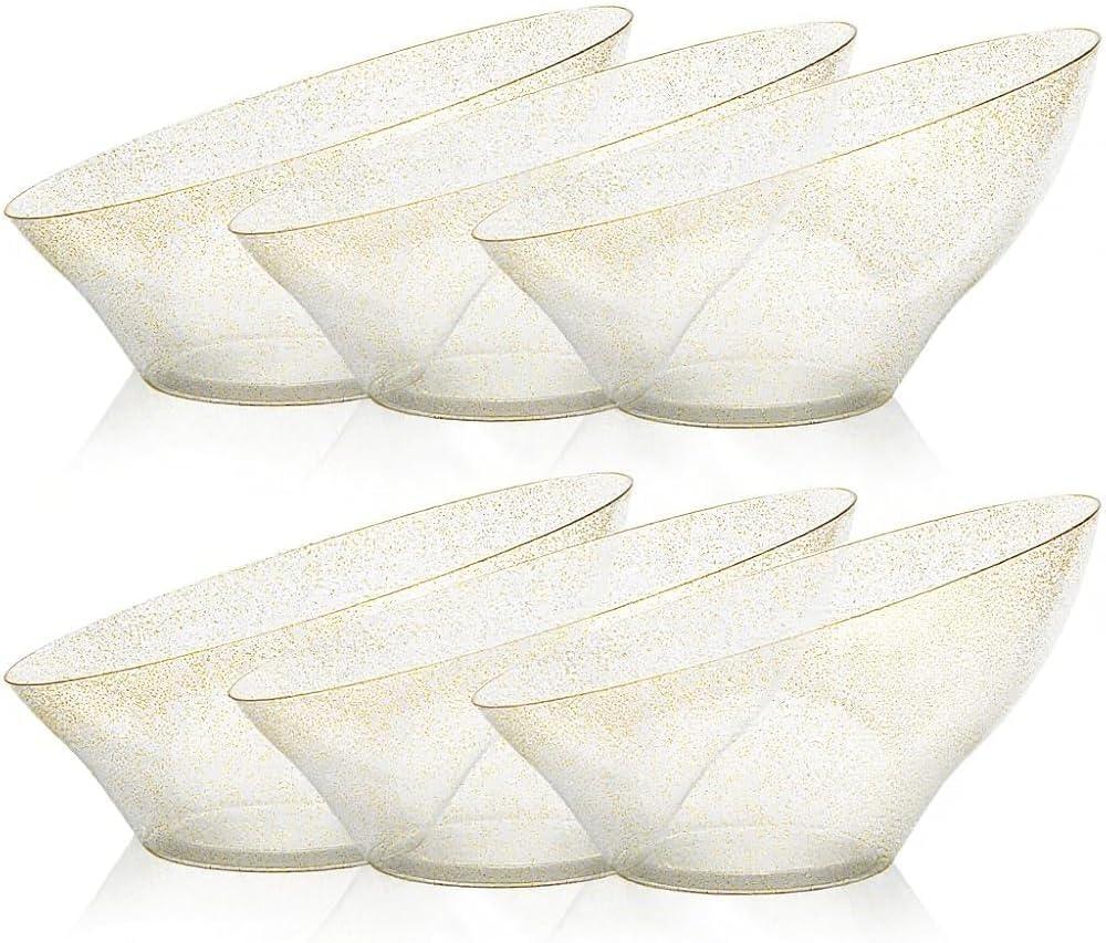 BESTVIP 54oz Clear with Gold Glitter Serving Bowls for Party - 12 Pack Angled Disposable Serving Bowls for Chips, Snacks, Fruit, Salad - Decorative Catering Bowls for Daily Use, Halloween, Christmas