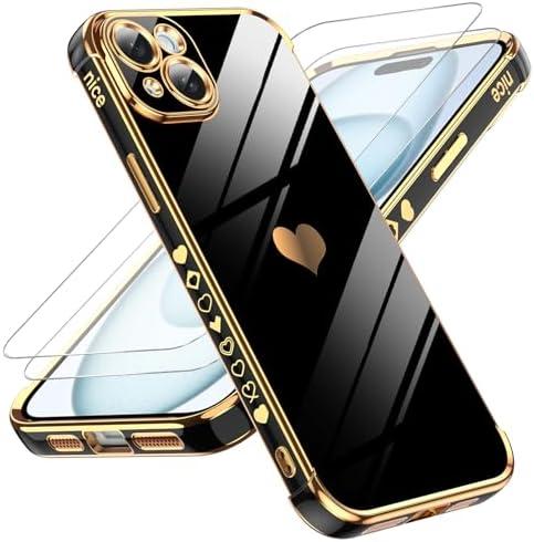 LeYi for iPhone 15 Plus Case: with Tempered Glass Screen Protector [2 Pcs]+ Full Camera Lens Protection, Love Heart Plating Girly Cute Luxury Soft TPU Shockproof Case for iPhone 15 Plus, Purple