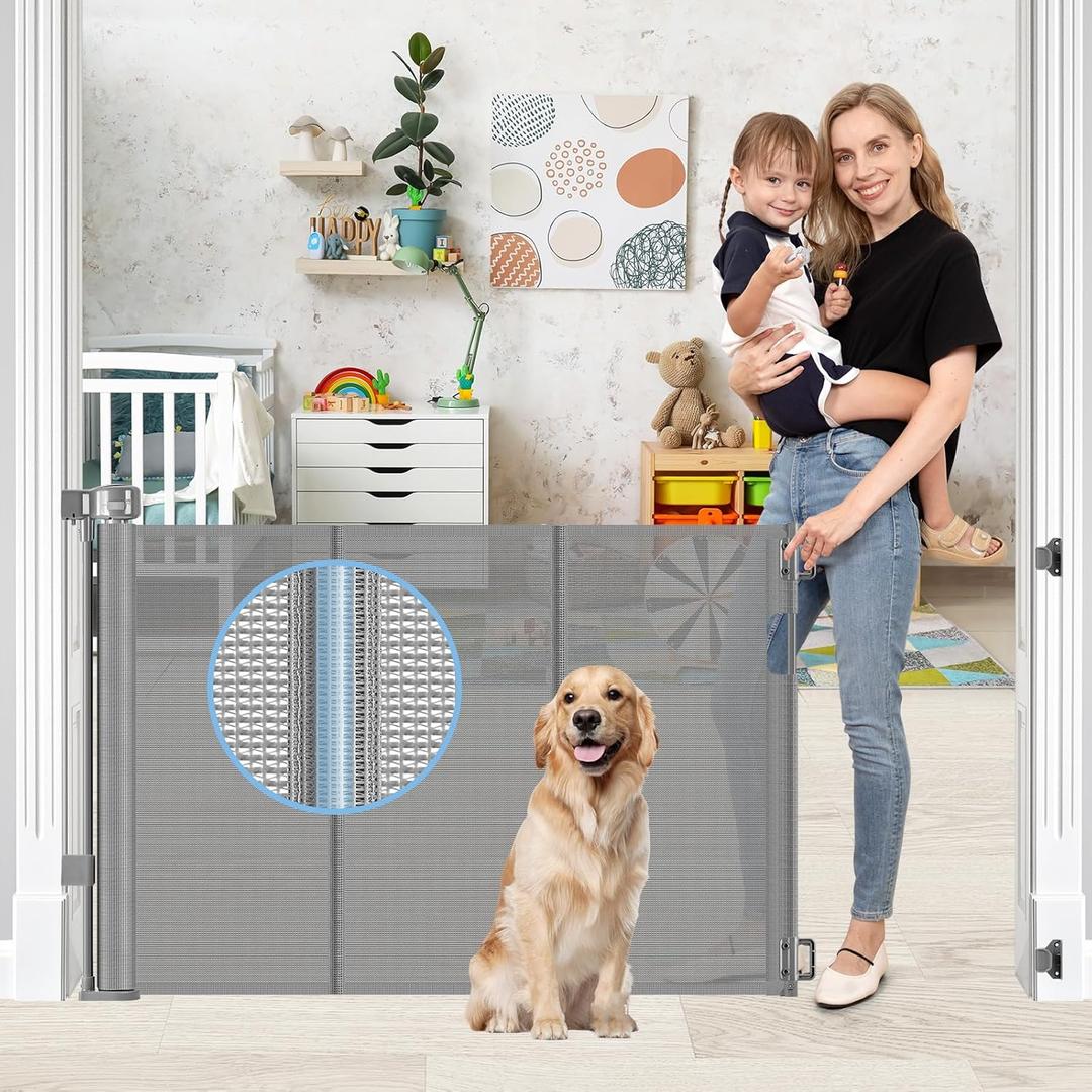 Reinforced Retractable Baby Gates with Support Rods, Retractable Gate for Babies and Pets Prevent Bottom Crawling Through, Extends up to 55” Wide, Mesh Dog Gate for The House Indoor Outdoor, Gray