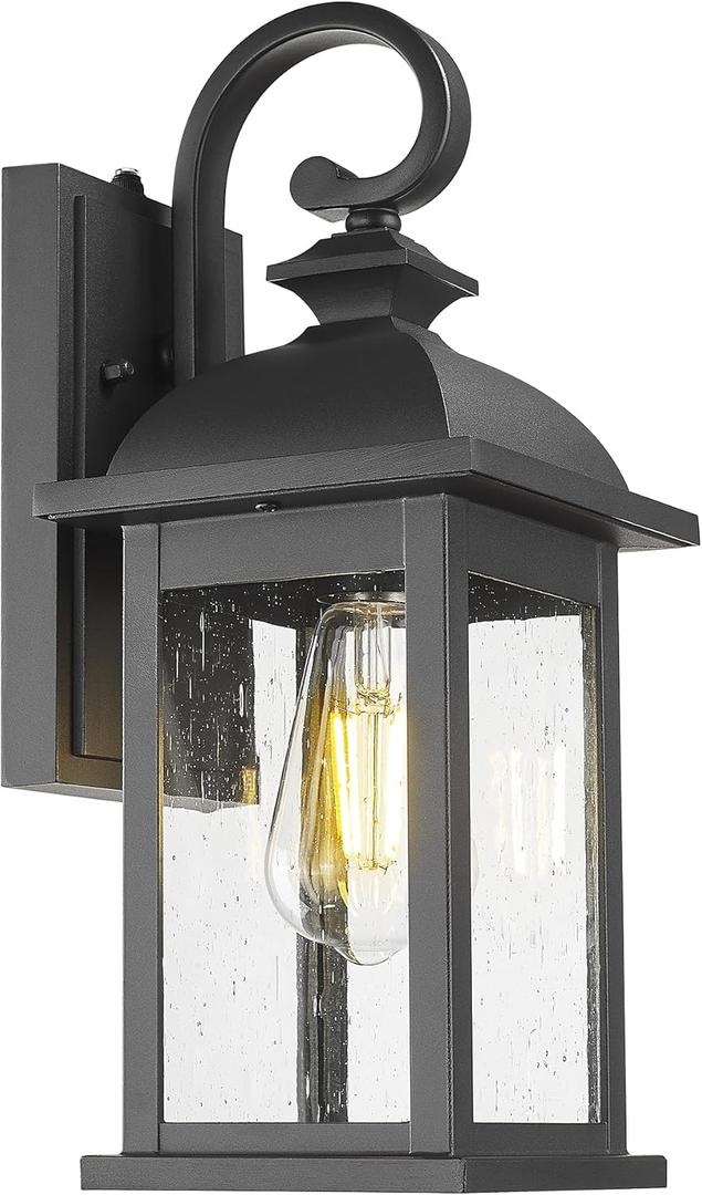 FEMILA Dusk to Dawn Outdoor Wall Sconce, 15" Matte Black Seeded Glass Outdoor Sconce Lights, Front Porch Light Fixtures Wall Mount, Garage Lights for Patio, Entryway, Garden, 4FD54B-PC BK