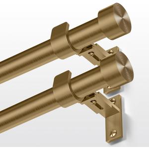 2 Pack Brass Gold Curtain Rod 34 to 124 Inch, Brushed Warm Gold 1 Adjustable Long Heavy Duty Curtain Rods for Windows, Decorative Antique Drapery Rods with Modern Solid Aluminum Finials