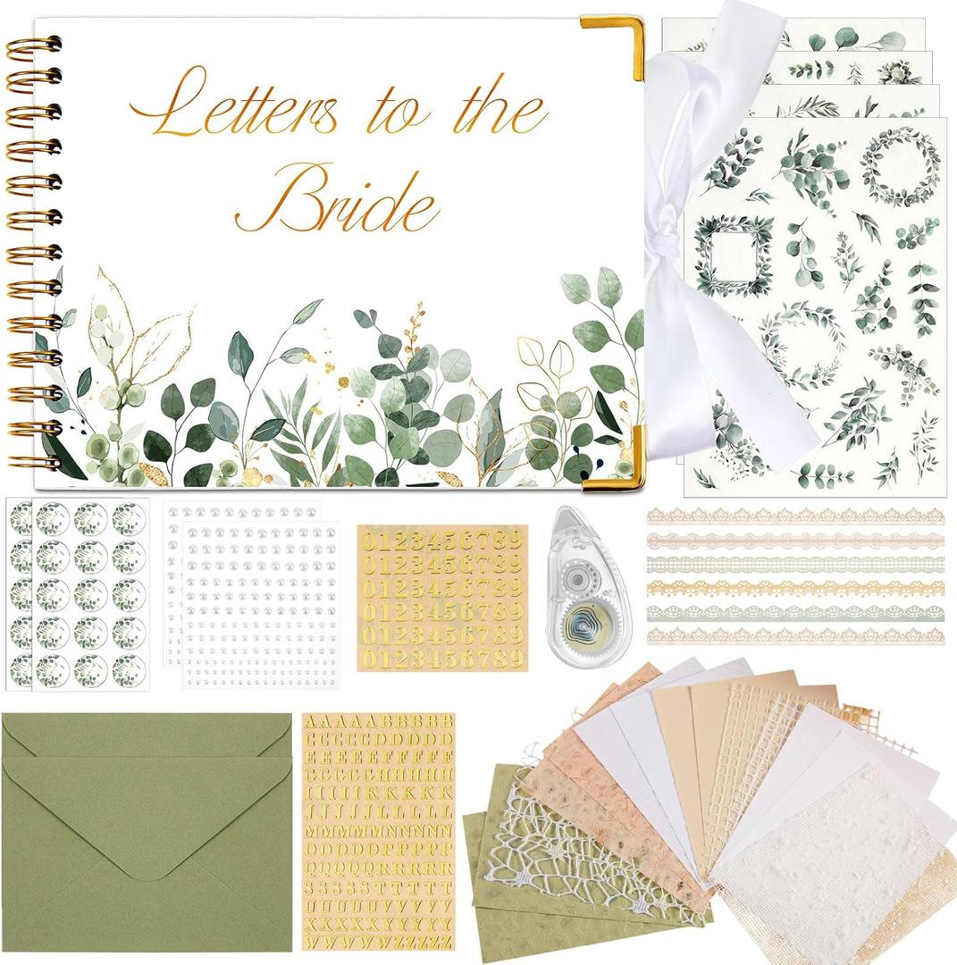 Humyoun Wedding Guest Book Letters to The Bride Scrapbook Wedding Memory Book Bridal DIY Blank Paper Scrapbook Photo Album Guest Sign with Pearl Stickers(8.5 x 7 Inch,Eucalyptus,Green)