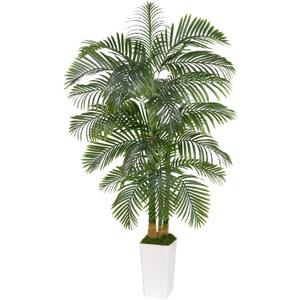 Artificial Golden Cane Palm Tree 7FT, Fake Palm Tree with Three Realistic Trunks and Lifelike Palm Leaves, Faux Palm Plant for Indoor Home Décor with White Planter