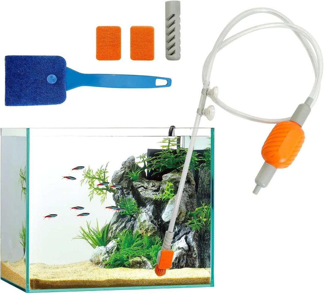 PINVNBY Aquarium Vacuum Gravel Cleaner Kit Manually Fish Tank Cleaner with Cleaning Brush & Suction Cup Fish Tank Water Changer Aquarium Siphon Sand Cleaning for Small Fish Tank