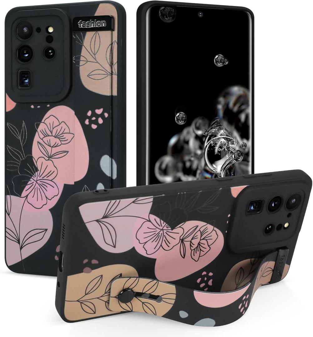 Case for Samsung Galaxy S20 Ultra 6.9 inch 2020 Released, Silicone Case with Strap for Women Girls Cute Floral Flowers Adjustable Wristband Kicktand Cover for S20 Ultra, Black Flower