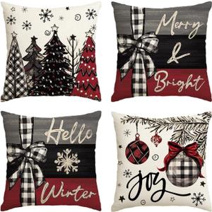 Christmas Outdoor Pillow Covers, 18 x 18 inch Set of 4 Waterproof Throw Pillow Cases, New Year Cushion Decor for Home Outside Patio Front Porch House Farmhouse 2024(Style F) (Black)