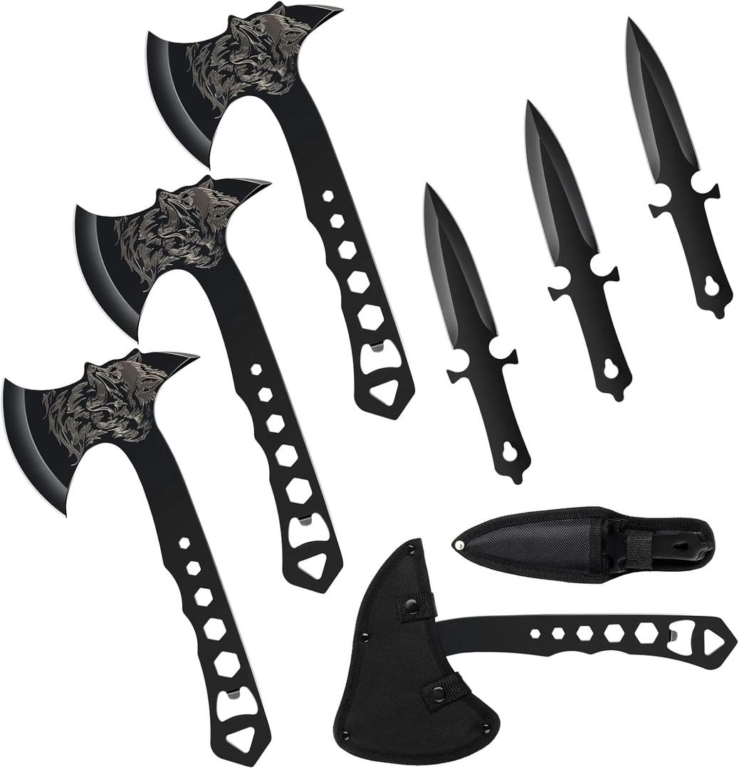 Throwing Knives Throwing Axes and Tomahawks 3 Pack Set with Bottle Opener and Nylon Sheath, 10in Axe Throwing Game for Backyard Competition and Recreation, Axe Gift Set for Men (Black)