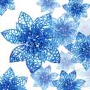 Boao Blue 24 Pieces Poinsettia Flower Christmas Glitter Artificial Poinsettia with Clips Christmas Tree Ornament Decorations for DIY Xmas Wreath Holiday Home Party Decor, 3/4/6 Inches