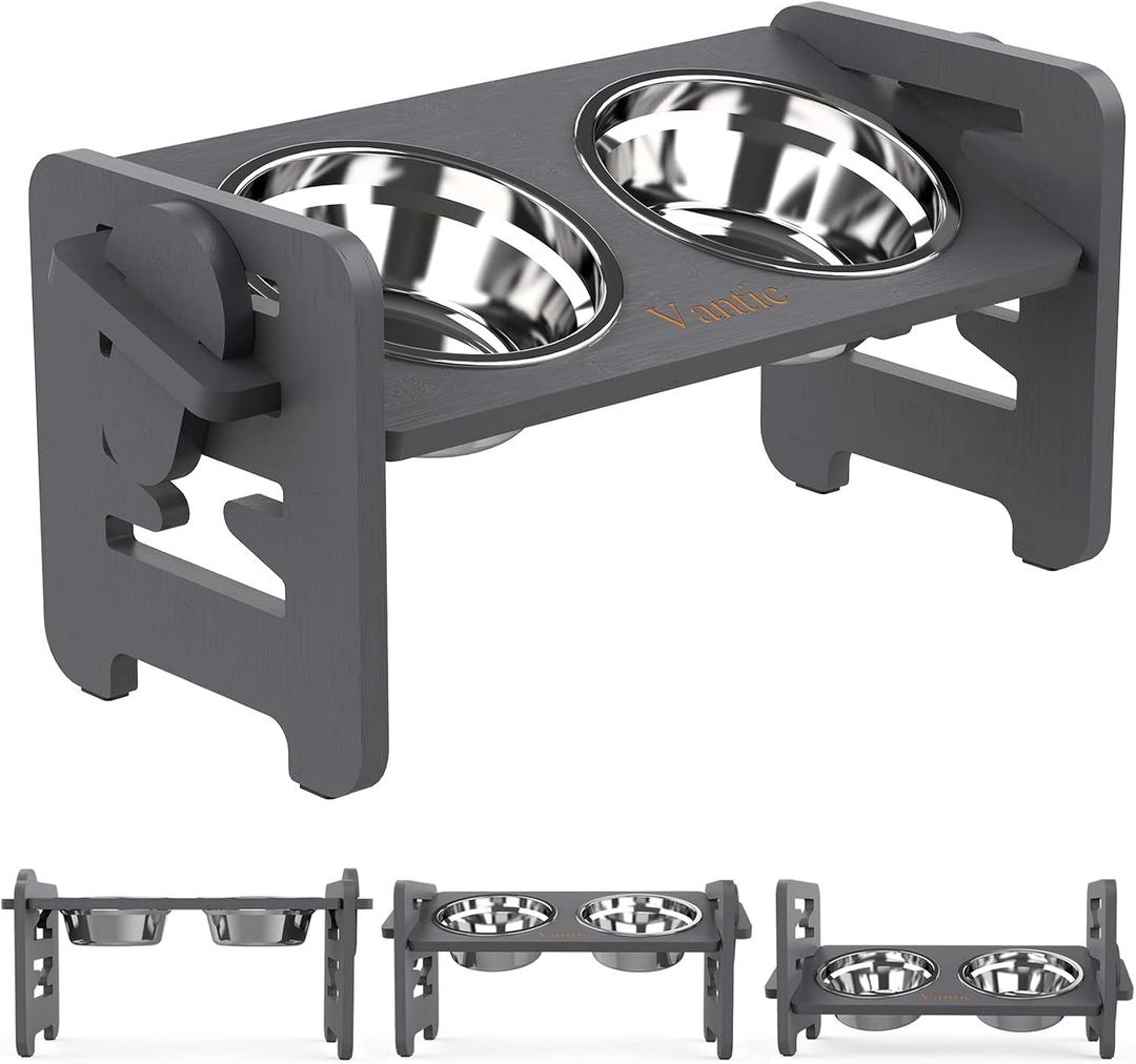 Vantic Elevated Dog Bowls, Adjustable Raised Dog Bowl Stand for Small Puppy and Cats, Sturdy Bamboo Pet Food Feeder with 2 Stainless Steel Dishes, Gray