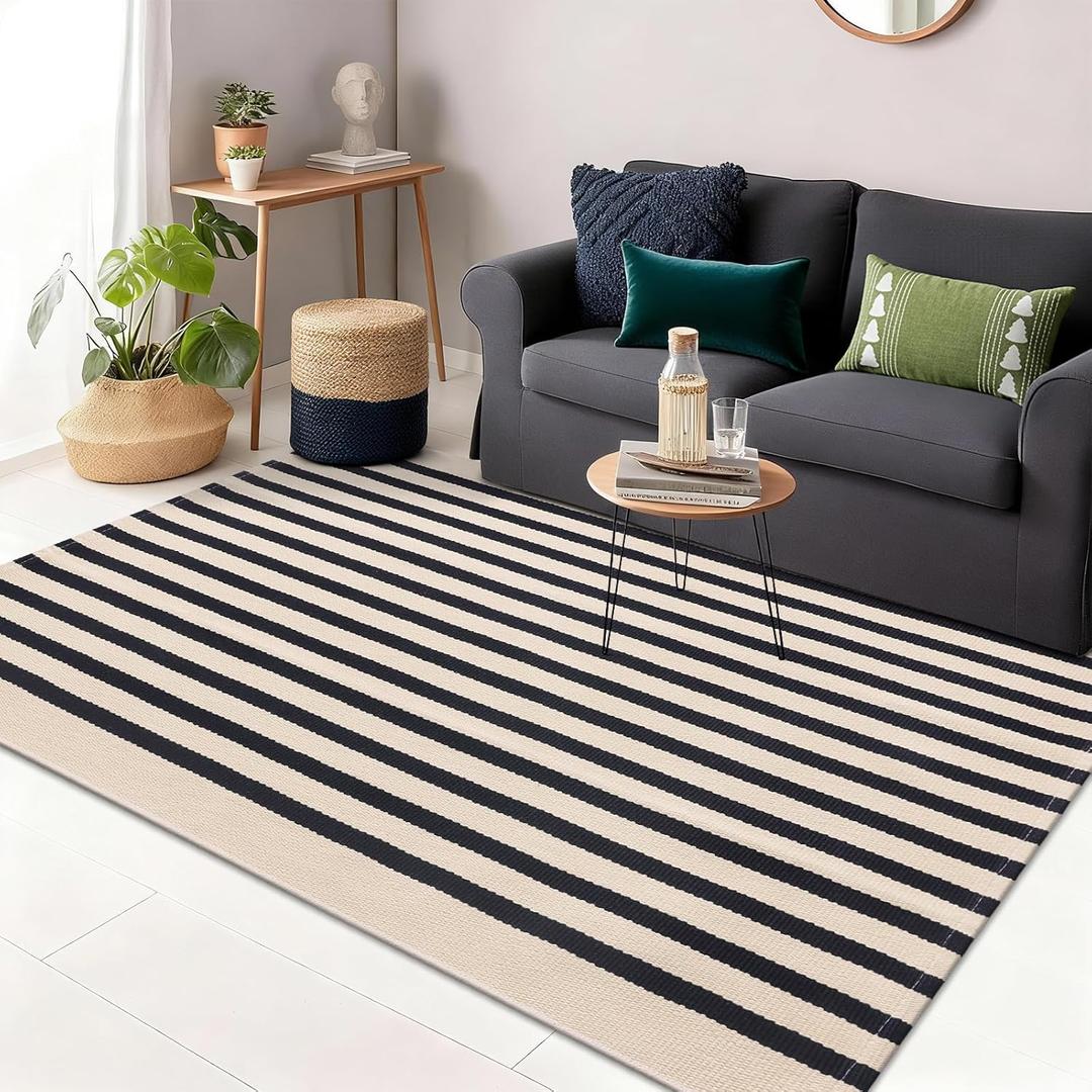 OLANLY Beige and Black Striped Rug 3' x 5' Washable Cotton Doormat for Indoor Outdoor Use, Layered Front Porch Rug for Entryway, Kitchen, Patio