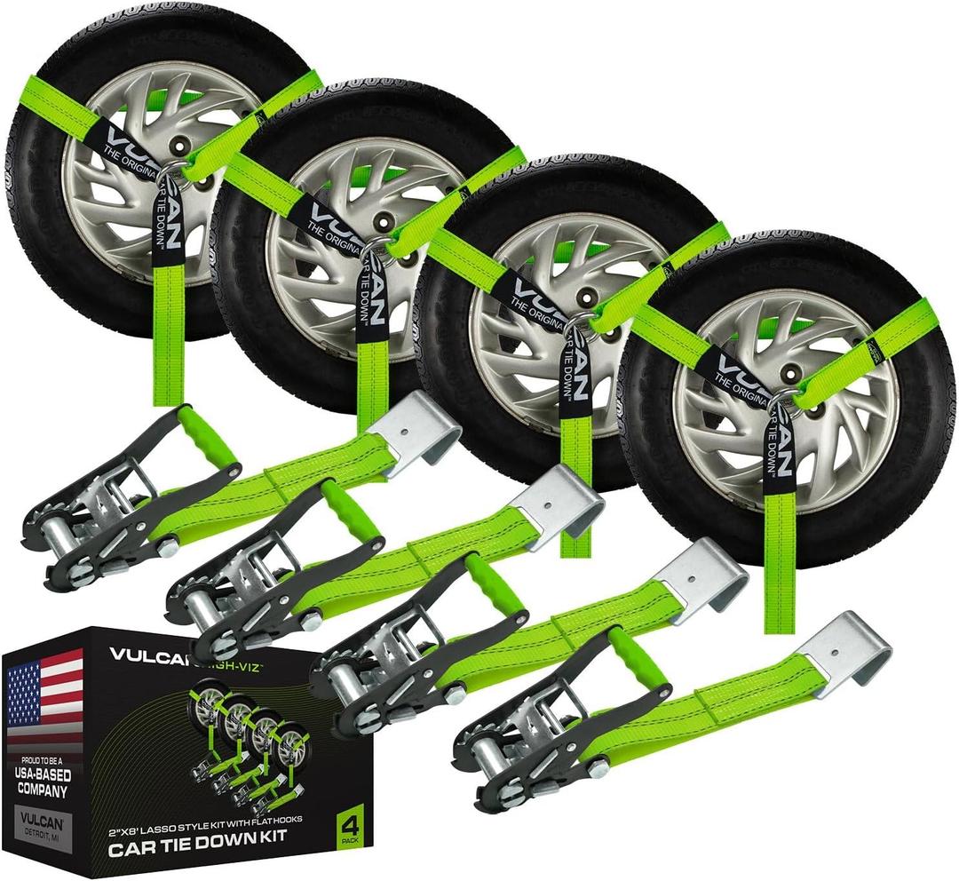 VULCAN Car Tie Down with Flat Hooks - Lasso Style - 2 Inch x 96 Inch - 4 Pack - High-Viz - 3,300 Pound Safe Working Load