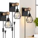 Plug in Wall Sconces Set of Two, Vintage Wood Wall Lamps with Plug in Cord, Farmhouse Wall Light Fixture with 5.25FT On/Off Switch Cord, Indoor Wall Lamp for Bedroom Living Room (Black)