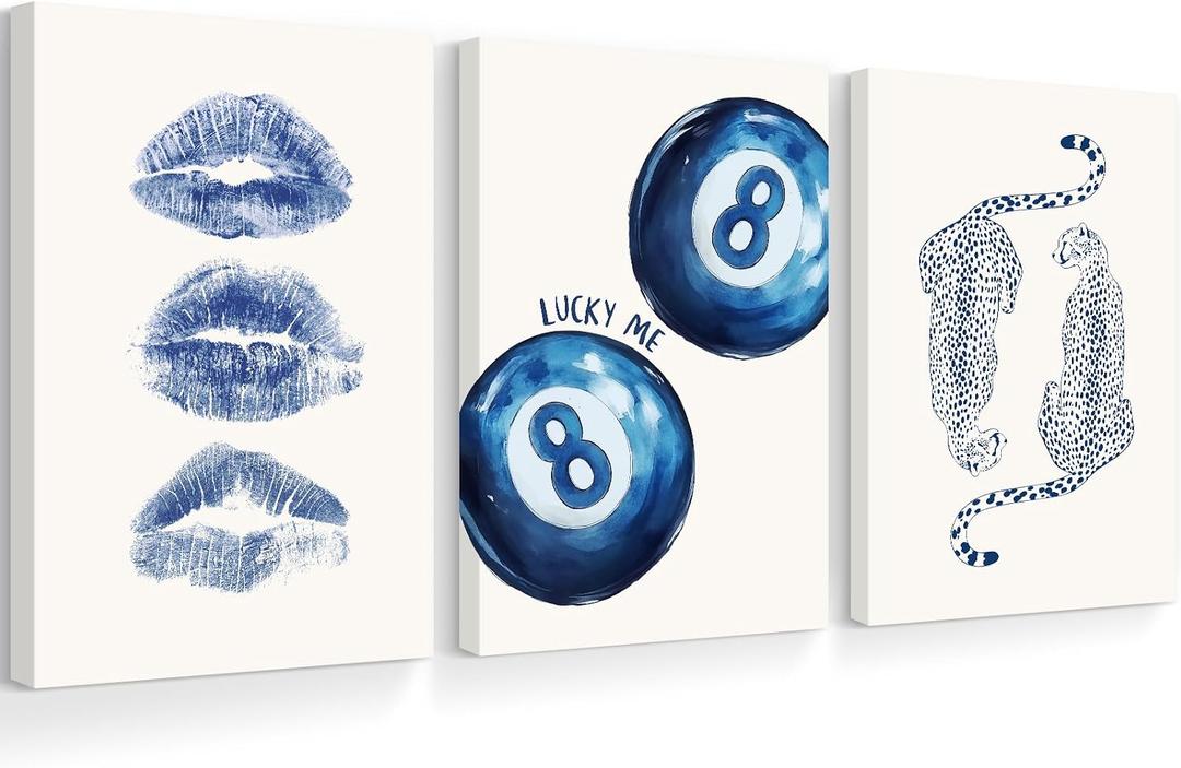 Leopard Wall Art Cheetah Canvas Prints Trendy 8 Ball Wall Decor Preppy Aesthetic Poster Lucky Leopard Pictures Funky Painting Navy Kiss Artwork for Bedroom Living Room 16x24x3 Inch Ready to Hang