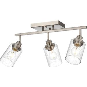 3-Light Rotatable Track Lighting Kit, Brushed Nickel Semi Flush Mount Ceiling Light Vanity Lighting Fixtures Spotlight, Seeded Glass Shades