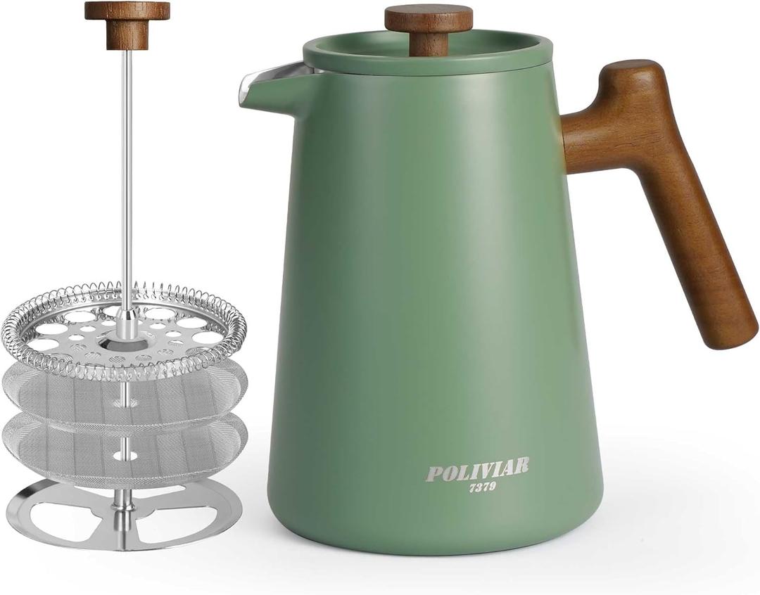 POLIVIAR French Press Coffee Maker, 34 oz Coffee Press with Real Wood Handle, Double Wall Insulation & Dual-Filter Screen, Food Grade Stainless Steel for Good Coffe and Tea, JX2025-XFPN (Green)
