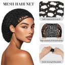 Long Bonnet-Crochet Hair Net Set Braid Bonnets for Black Women Mesh Hair Net Anti Frizz Satin Large Bonnet for Curly, Braids Hair 2 Piece Set Reusable Elastic (black net, silver bonnet) (Gray)