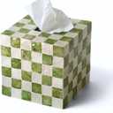 5.7" Square Tissue Box Cover, Handmade Checkered Cube Tissue Box Cover with Capiz Shells, Decorative Tissue Holder for Living Room, Bathroom, Bedroom or Office (Pistachio Green)