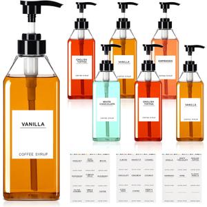 Nuogo 6 Pcs Coffee Syrup Dispenser Bottles Set 750ml, 500ml, 300ml, 150ml PET Black Syrup Bottles with Pump Dispenser 27 Labels for Coffee Bar Kitchen Accessories Portable Travel (11.8 oz, Prismatic)