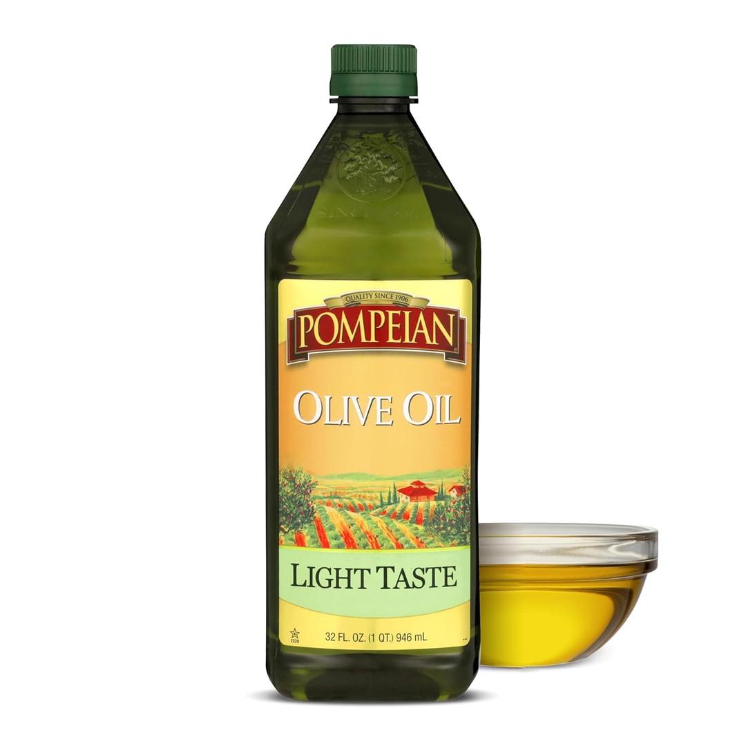 Pompeian Light Taste Olive Oil - 32 Fl Oz - Olive Oil for High Heat Cooking - Light Flavor for Baking and Sauteing - High Smoke Point Reducing CO2 [Amazon-developed Certification] Compact by Design BB 02/2028