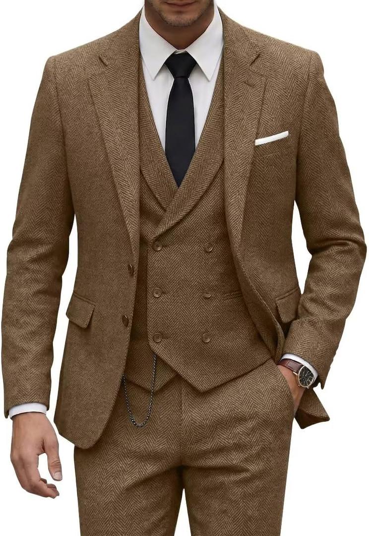 Men Tweed Suits Brown Slim Fit 3 Piece Herringbone Wool Suit Mens Wedding Groomsmens Prom Party Blazer Vest Pants 3XL