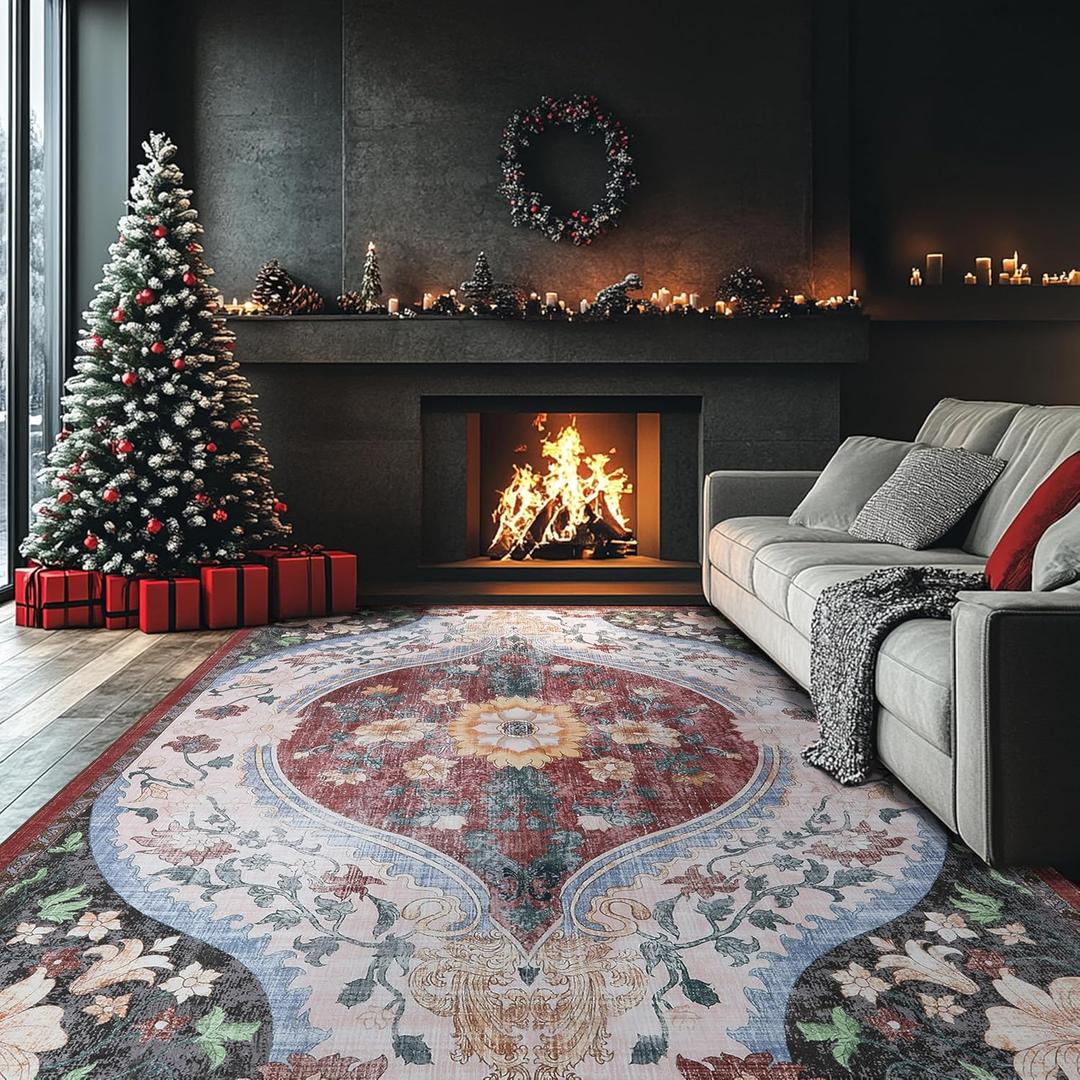 Boho 6x9 Area Rug Vintage for Living Room Machine Washable Low Pile Rugs Non Slip Stain Resistant Eco-Friendly Faux Wool Carpet for Bedroom (Red/Orange,6x9ft)