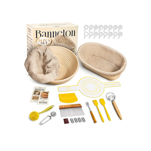 Sourdough Starter Kit, 9" Round & 10" Oval Banneton Bread Proofing Baskets Set, Sourdough Bread Baking Supplies Making Tools with Dough Scraper, Whisk, Bread Lame, Silicone Sling, Recipe