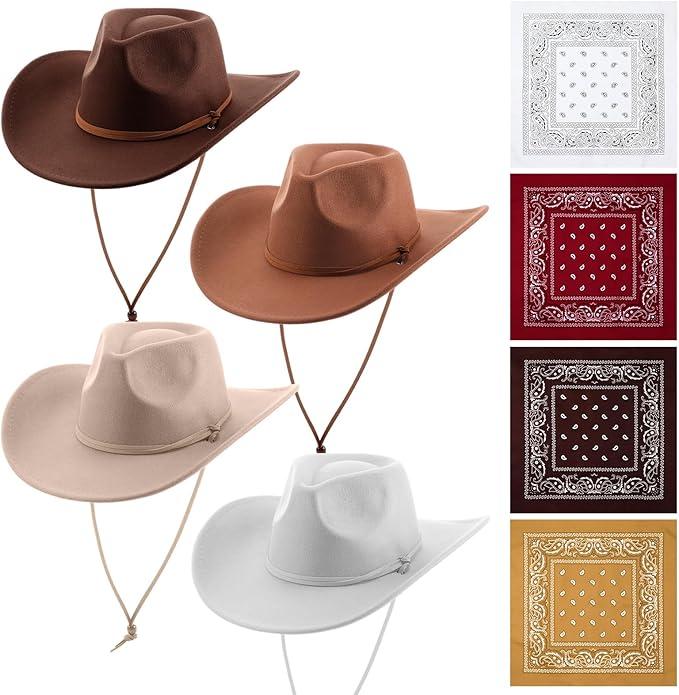4 Sets Cowboy Hats Bandanas Felt Western Wide Brim Belt Buckle Panama Hats Bandanas Set for Women Men Burning Rodeo