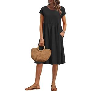 AUSELILY Women's Summer Short Sleeve Knee-Length Dresses Round Neck Loose Dress with Pockets 2026 New (L)