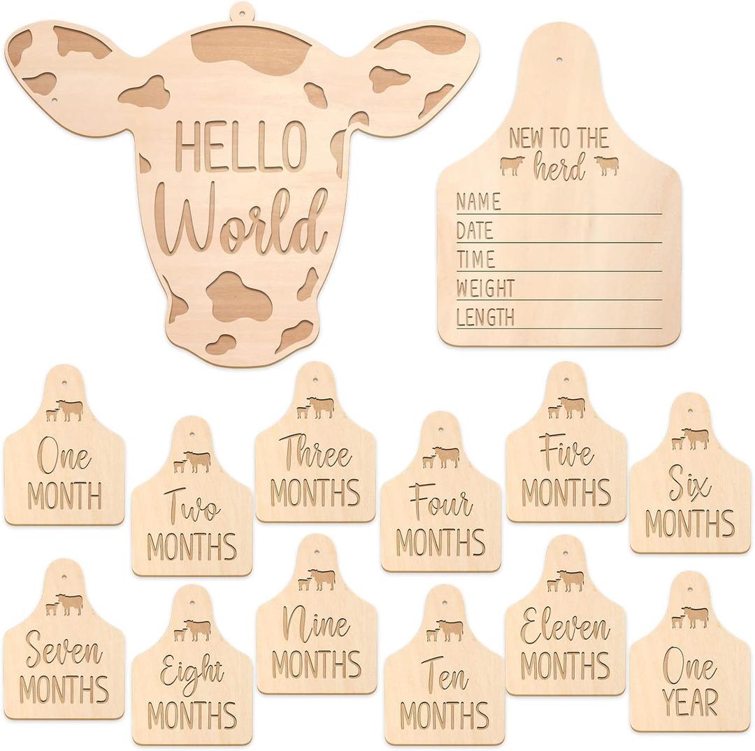 Huray Rayho Cow Baby Monthly Milestone Cards Western Wooden Cow Print Baby Milestone Signs, Baby Stuff, Newborn Photography Props, Baby Announcement & Name Sign, Neutral Gift for Newborn Boy & Girl
