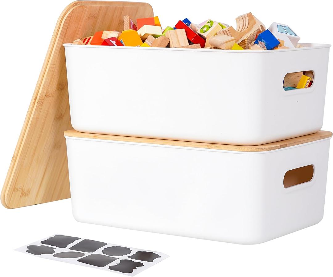 Citylife 2 PCS Storage Bins with Bamboo Lids Plastic Storage Containers for Organizing Stackable Storage Box with Handle, 15.16 x 10.79 x 5.83 inch (White)