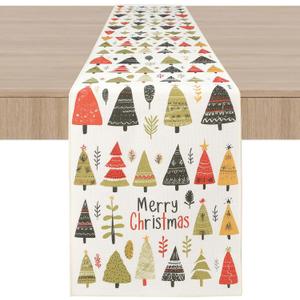 OWENIE Christmas Trees Table Runner for Kitchen Dining Table, Watercolor Print Christmas Tree Runner for Winter Xmas Holiday Decor, 13x72 Inch, Washable