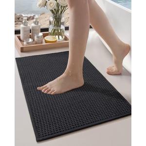 Color&Geometry Rubber Backed Waffle Bath Mat 24x16, Non Slip Machine Washable Bathroom Rugs, Soft Absorbent Chenille Boho Carpet for Bathroom Floor, Tub and Shower, Black