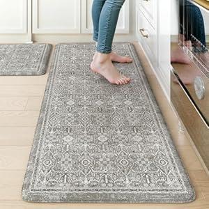 KIMODE Comfort Kitchen Floor Mats Cushioned Anti Fatigue, Wide Memory Foam Ergonomic Under Sink Mat for Floor 2 Piece, Boho Kitchen Rug Non Slip for Laundry Home Office, Grey