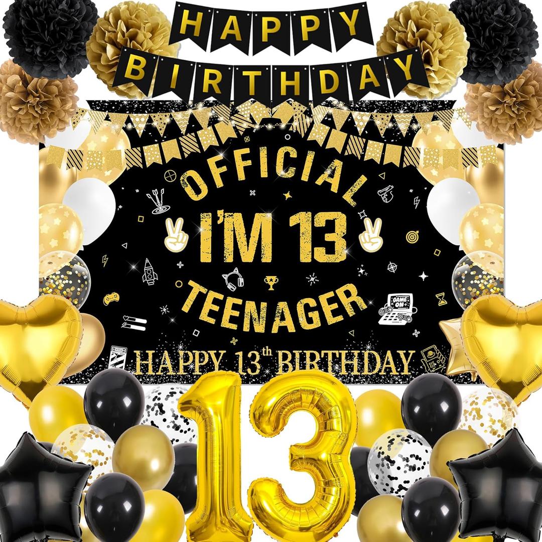 13th Birthday Decorations for Boys - Black and Gold Happy Birthday Banner Teenager Backdrop Number 13 Balloon, Latex Balloons Paper Pompoms for 13 Year Old Teen Party Supplies