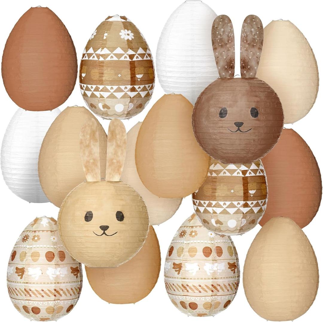 Bencailor 16 Pcs Easter Party Decorations Eggs Bunny Paper Lanterns Set Spring Easter Hanging Lantern Decor for Home Indoor Outdoor Ceiling Decor Spring Birthday Party Supplies(Brown, Khaki)