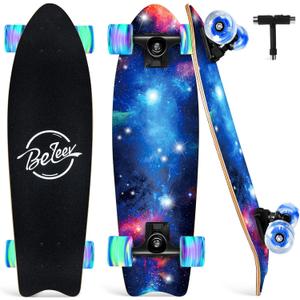 BELEEV Cruiser Skateboards for Beginners, 27 x 8 inch Complete Skateboard for Kids Teens Adults, 7 Ply Canadian Maple Double Kick Deck Concave Skateboard with Skate T-Tool