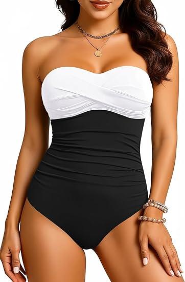 Yonique Womens Strapless One Piece Swimsuit Tummy Control Bandeau Bathing Suits Slimming Twist Front Swimwear,  White and Black 18W