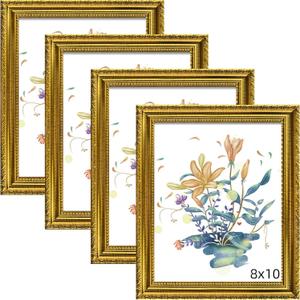 BESCRCL 8x10 Picture Frame Gold with Real Glass, Ornate Vintage 8 x 10 Photo Frames for Wall and Tabletop Display, Set of 4