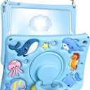 for iPad 9th/8th/7th Generation Case 10.2 Inch - Girls Boys Cute Kawaii Girly Cover 3D Cartoon Ocean Design with Rotating Stand & Strap Silicone Blue Cases for iPad 7/8/9th Gen 2019 2020 2021