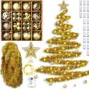 Realspring 65 Pcs DIY Wall Hanging Christmas Tree with Lights Wall Mounted Christmas Tree Include 33ft LED Lights Tinsel Garland Balls Ornaments Stars Topper Hooks for Xmas Home Decor(Gold,Classic)
