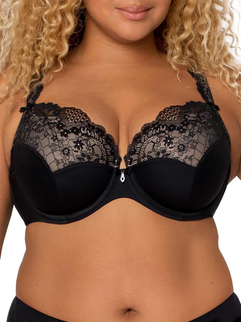 Curvy Couture Women's Plus Size Tulip Lace Push-Up Balconette Bra  Elegant Lift & Support (42D, Black)
