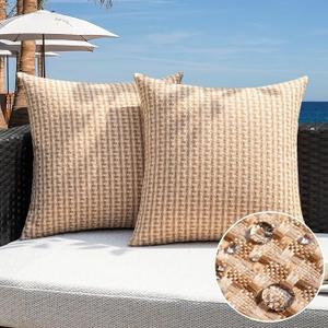 Kevin Textile Outdoor Waterproof Throw Pillow Covers Pack of 2 Farmhouse Decorative Cushion Covers for Garden Patio Tent Balcony Bench Couch Sofa 24x24 Inch, Light Brown