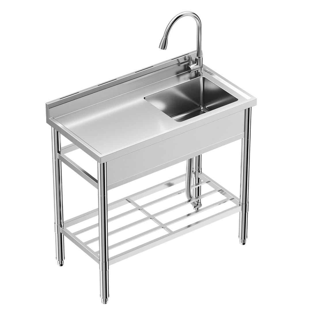 GarveeTech Stainless Steel Single Bowl Sink, NSF Commercial Restaurant Kitchen Sink Set with Workbench, Freestanding Sink for Kitchen, Bar, Garage, Backyard (36 in)