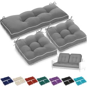 Wenqik Outdoor Wicker Chair Cushions of 3 Pieces 44 x 19 x 4 Inch Waterproof Tufted Bench Cushions for Patio Furniture Fade Resistant 1 Loveseat and 2 Square Seat Pad for Swing Sofa Settee (Gray)