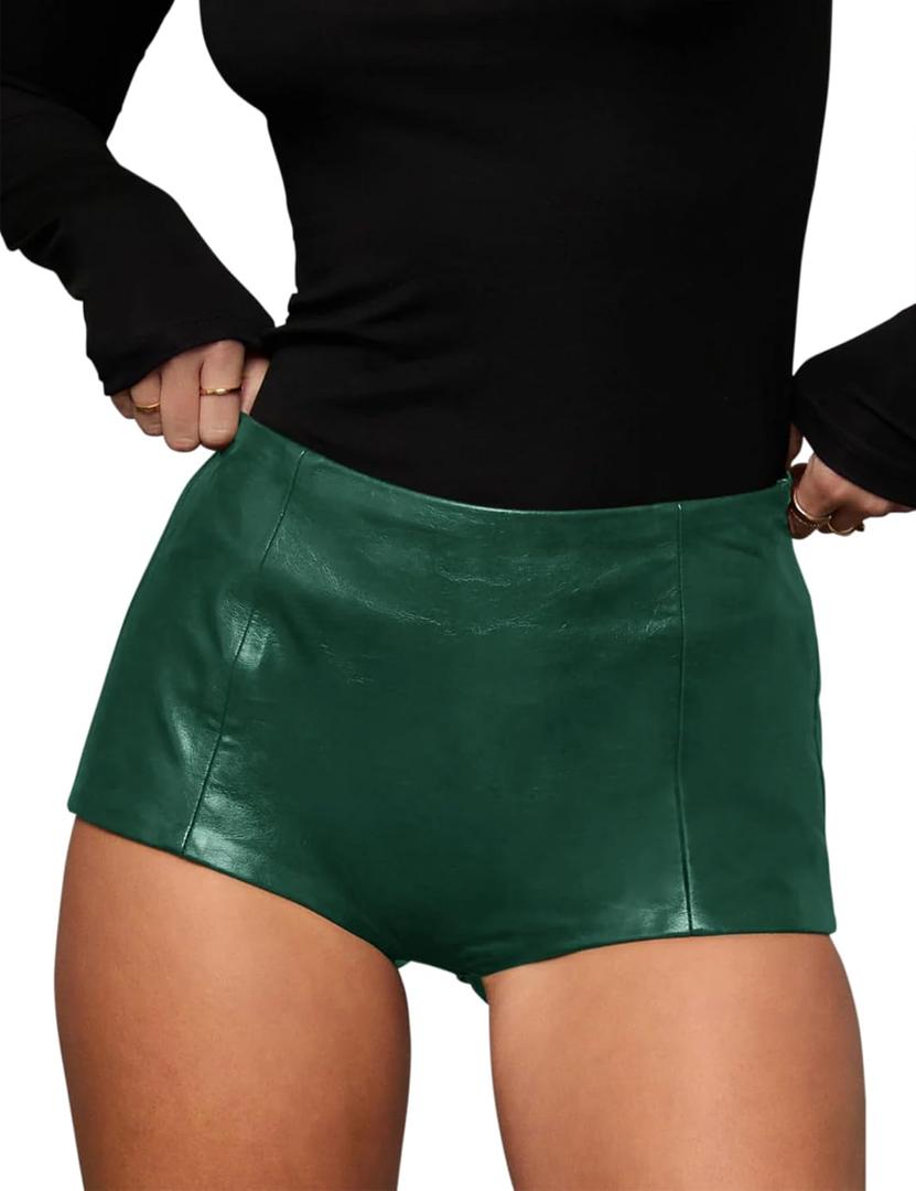 Women's Faux Leather Shorts High Waist Stretch Skinny Mini Shorts Sexy Hot Pants (Medium, Dark Green)