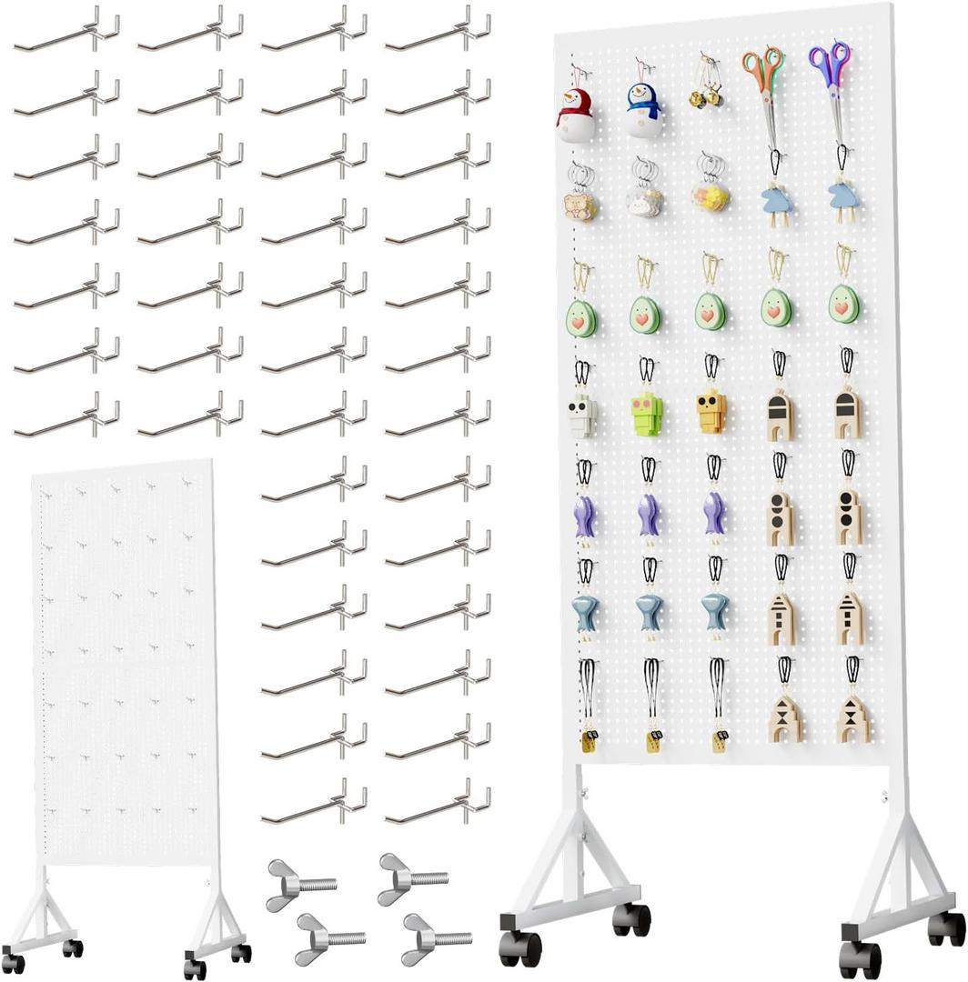 Metal Pegboard Display Stand 2 x 4.9 Feet, Adjustable Height with 40 Peg Board Hooks and Wheels, pegboard Display Rack, Craft Display Rack, Retail Display Rack, Garage Peg Board, Pegboard (White)