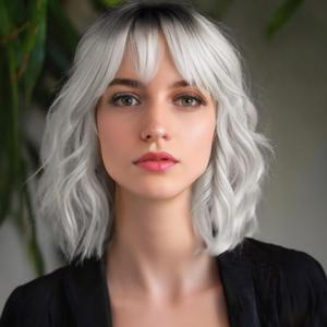 MINLEE Silver Gray Wig with Bangs for Women 14 Inch Short Bob Wavy Curly Wig Gray Hair Wigs Heat Resistant Synthetic Wigs